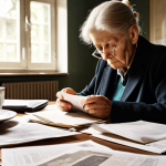 **

Prompt: A cluttered desk covered in legal documents, a photograph of an elderly woman, and a half-empty cup of coffee. Overwhelmed hands sifting through papers. Focus on the emotional weight of dealing with inheritance and estate law. Somber lighting, realistic, Swedish legal context.

**