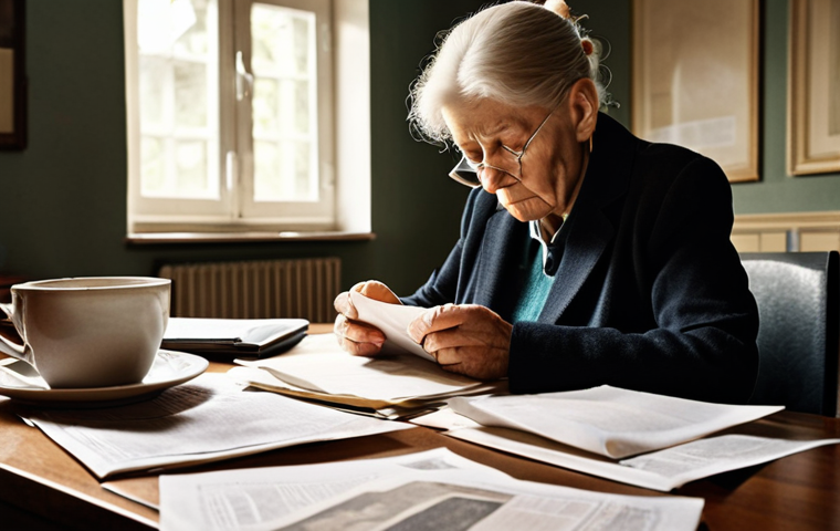 **
Prompt: A cluttered desk covered in legal documents, a photograph of an elderly woman, and a half-empty cup of coffee. Overwhelmed hands sifting through papers. Focus on the emotional weight of dealing with inheritance and estate law. Somber lighting, realistic, Swedish legal context.
**